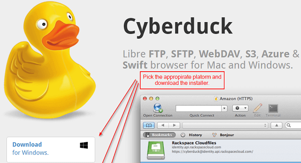 Cyberduck خادم بروتوكول ومتصفح تخزين سحابي مجانا